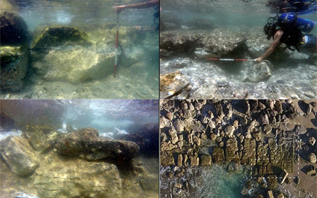 以色列多尔考古遗址的四幅水下图像，调查以确定相对海平面。图为亚述海门的基础地面上的巨大防御墙和通道的地面水平。